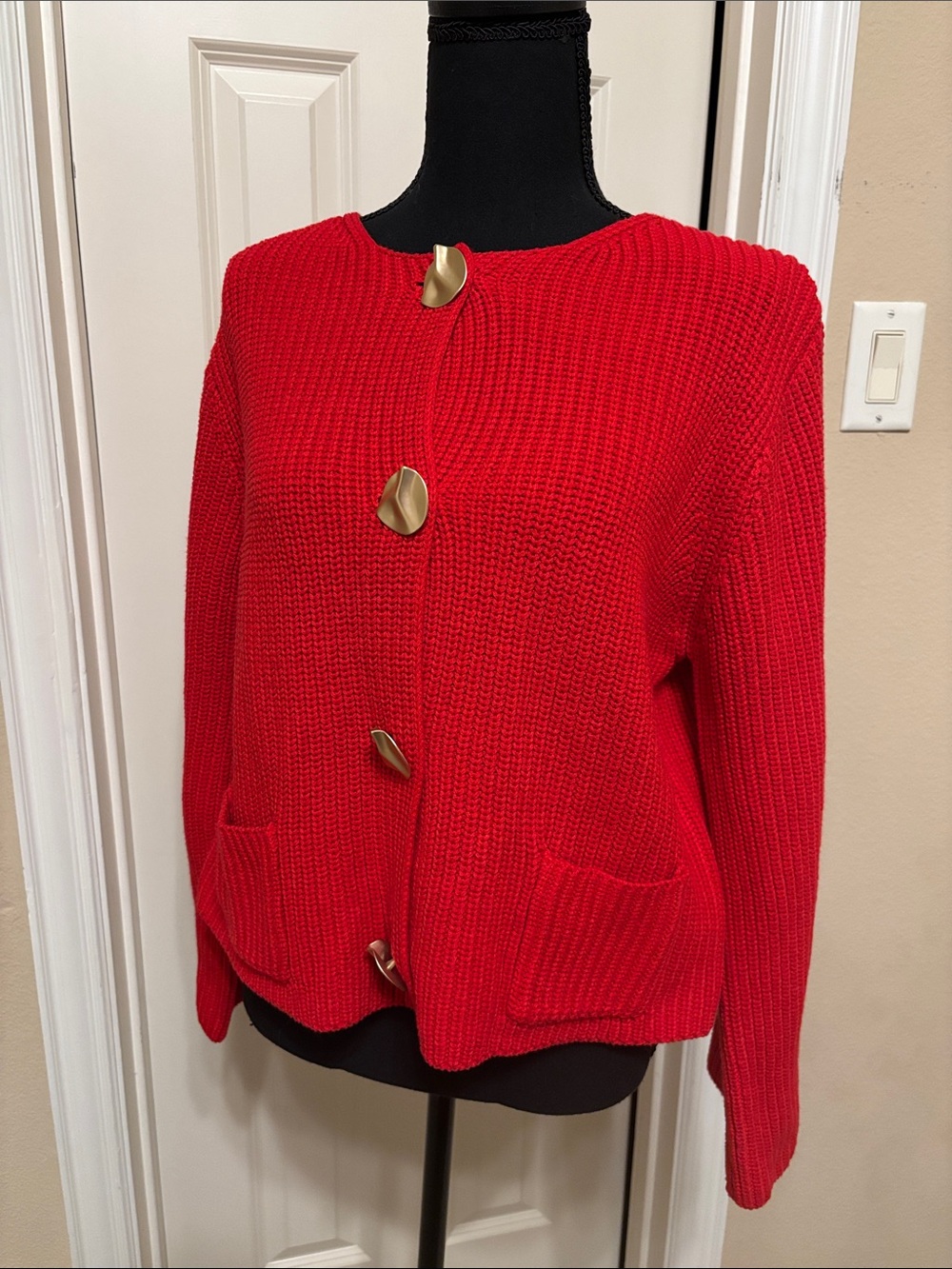 Women's Red Knit Cardigan with Sculpted Gold Buttons